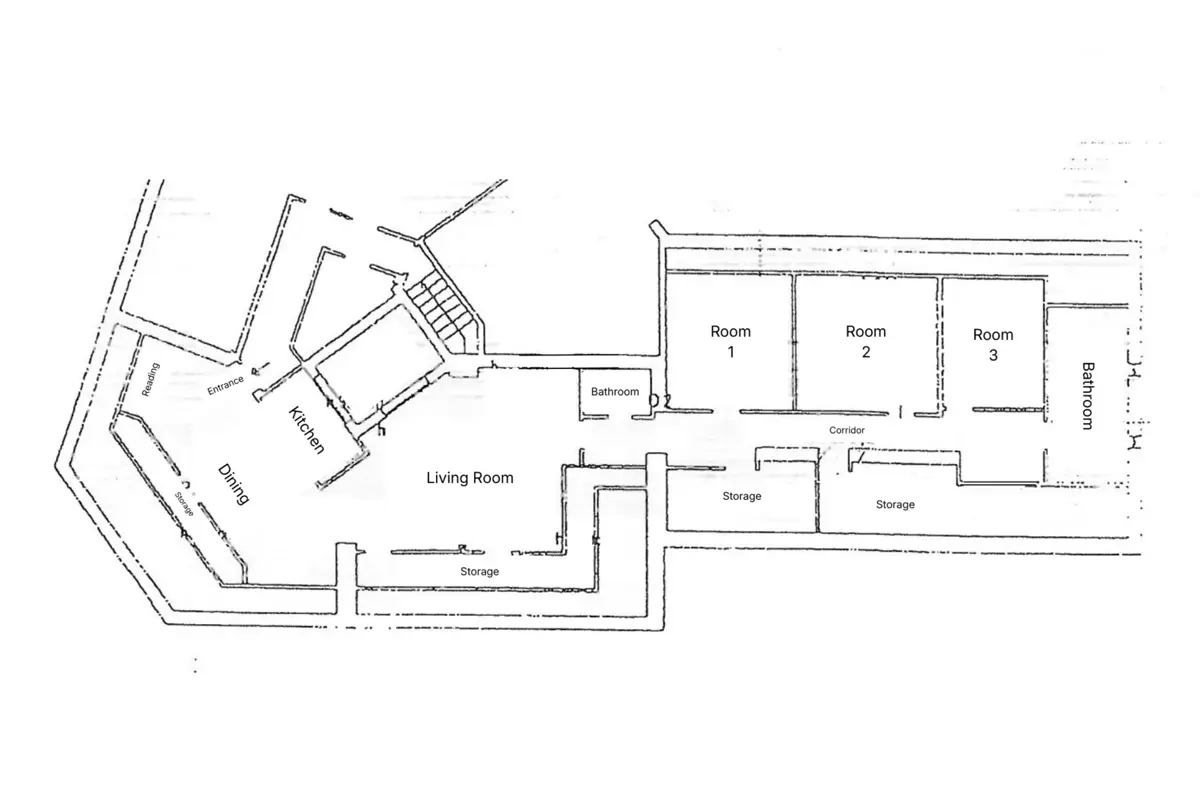 Floor plan of the apartment, three bedrooms and two bathrooms