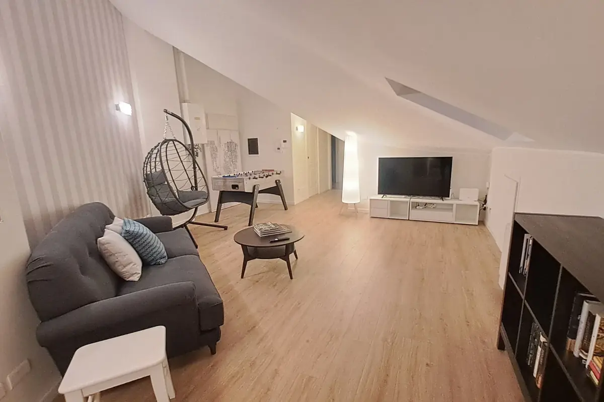 The apartment seen from the living area, with sloping ceiling and skylights